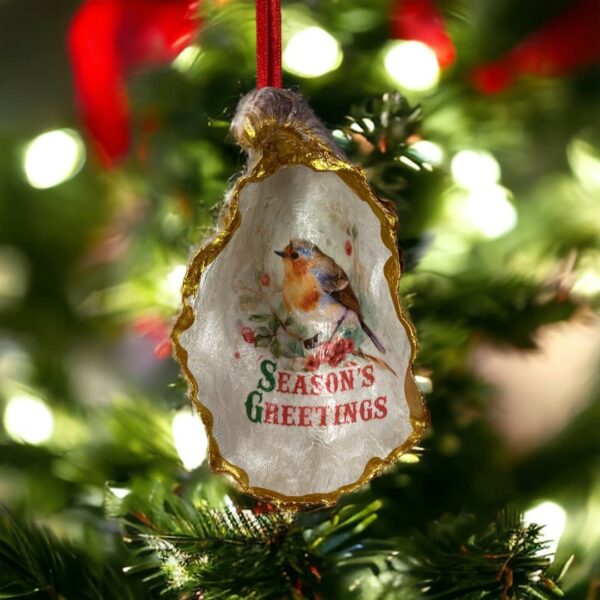 Gilded Oyster Ornament - Robin and Season's Greetings.