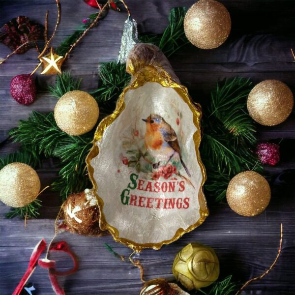 Season's Greetings Robin - Oyster ornament.