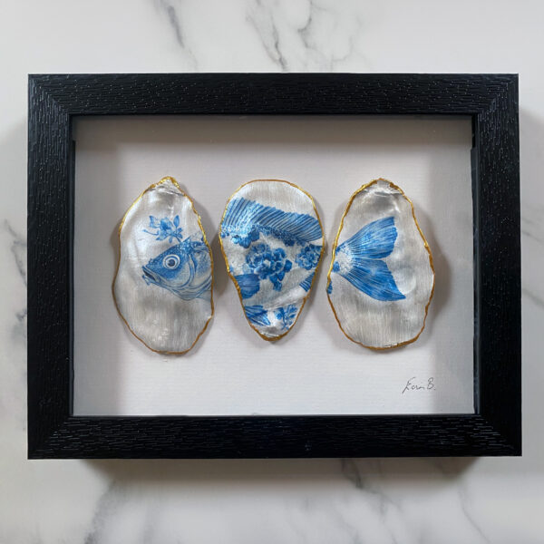 Framed Delft Blue fish Oyster shells..