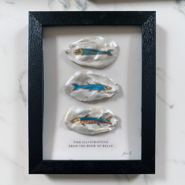 Framed Book of Kells fish illustrations on Oyster shells.